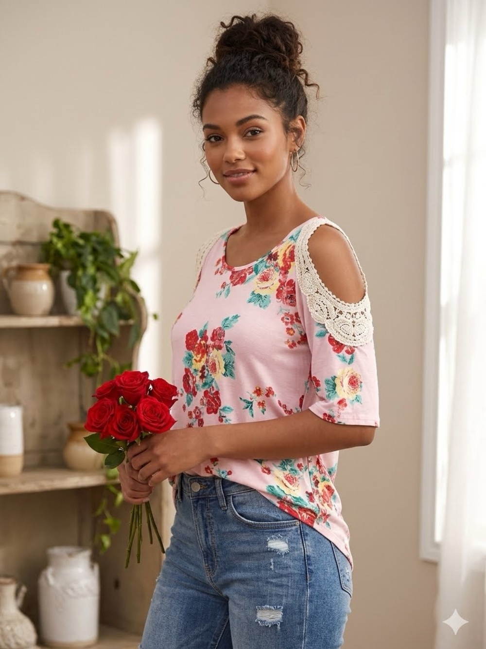 Crochet Cold Shoulder Floral Top Size Small